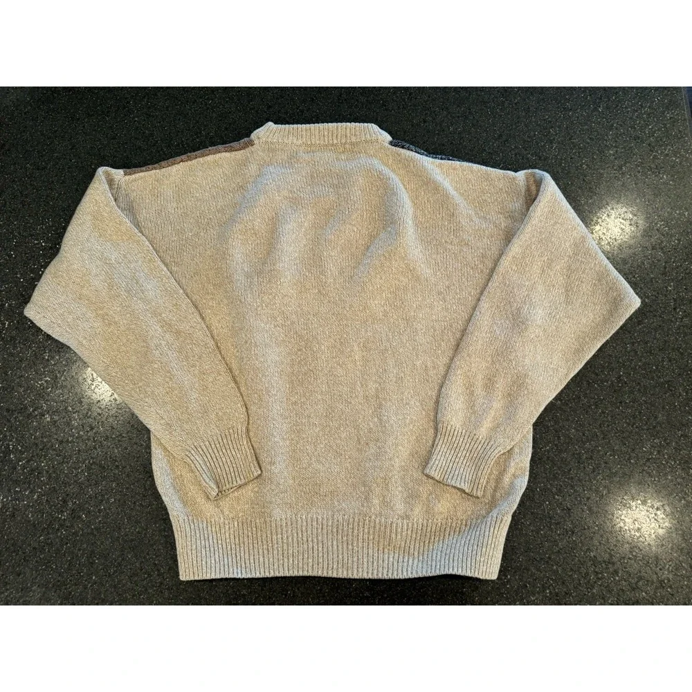 Orvis Mens Patchwork Sweater L Beige‎ Brown Gray Colorblock Cable Knit Crewneck